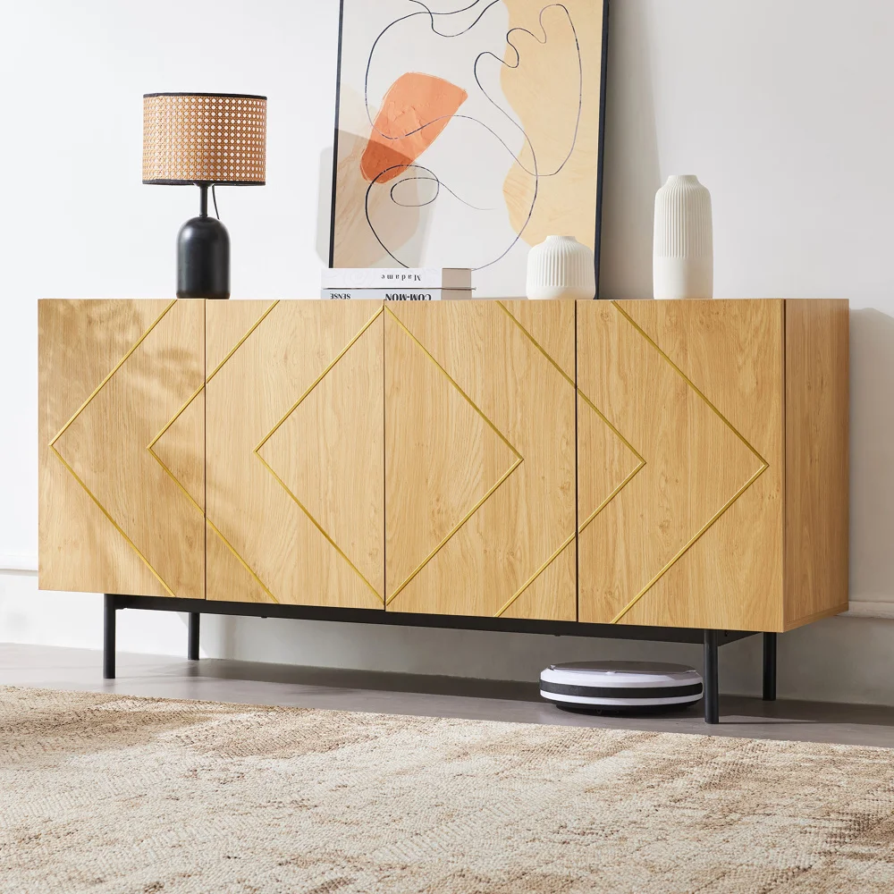 PINGGO Modernes Sideboard Wohnzimmer 4 Türen Metalleinlage Buffet Schrank Vielseitig Naturholz 78x160x40cm – Detail 9
