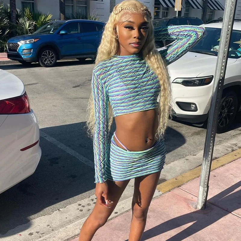 

Zabrina 2023 Autumn Fashion Long Sleeve Crop Tops And Bodycon Skirt Festival Outfit Women Striped Print 2 Piece Set Party Club