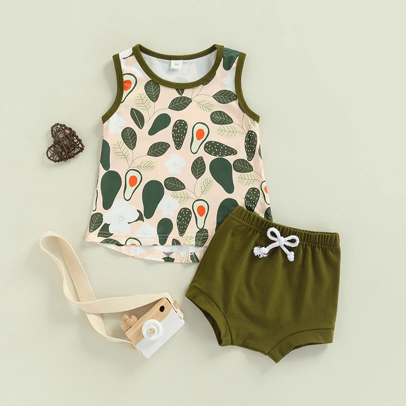 

Комплект одежды для маленьких девочек, топ без рукавов с принтом авокадо и однотонные шорты, комплект летней одежды, 2 шт.