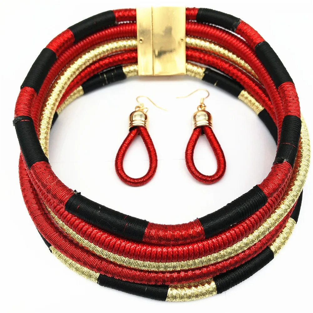 Necklace Earrings Multi-Layer Woven Jewelry Choker Necklace Bridal Wedding African Beads Jewelry Set for Women