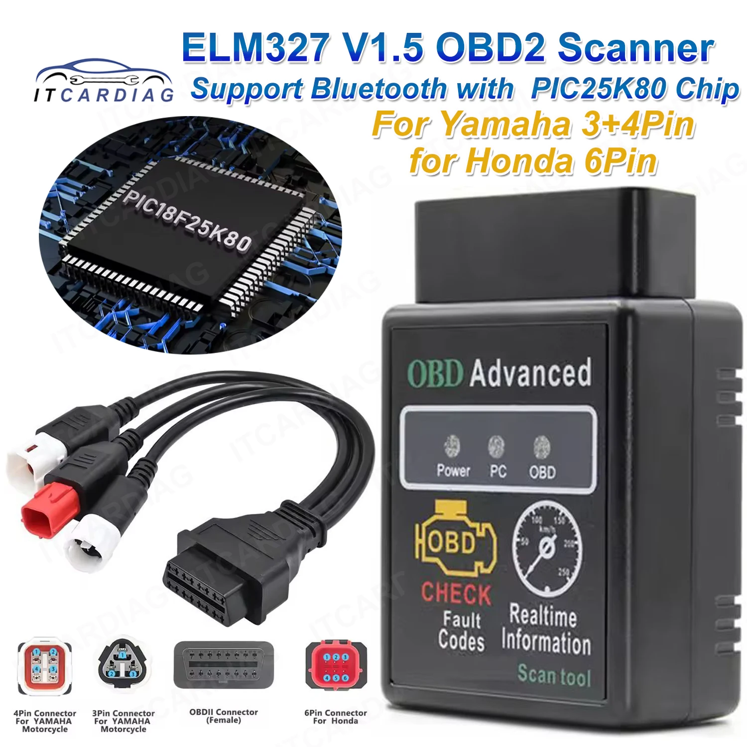 for Yamaha 3+4pin for HONDA 6pin with ELM327 V1.5 3 in 1 Connectors  Motorcycles OBD2 Cables with PIC25K80 Chip Fault Diagnostic - AliExpress