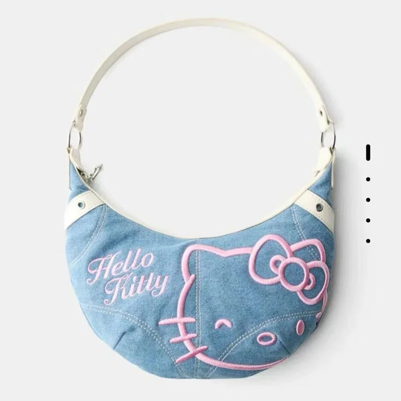 MBTI Hello Kitty Womens Handbag Vintage Denim Cute Embroidery Cartoon Fashion Shoulder Bag New Ladies Casual Daily Armpit Bag