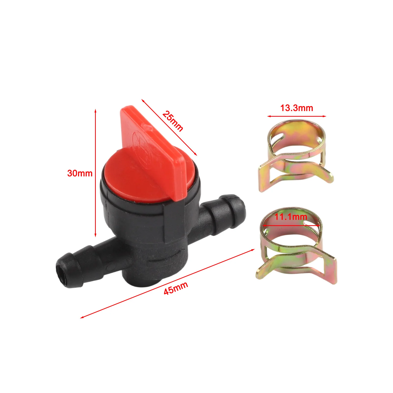 Benzinhahn und 2 Klemmen, Benzin-Diesel-Absperrventil für 6–8 mm Schlauch, Gartengeräte, Klemme, Rasenmäher-Teile – Detail 4