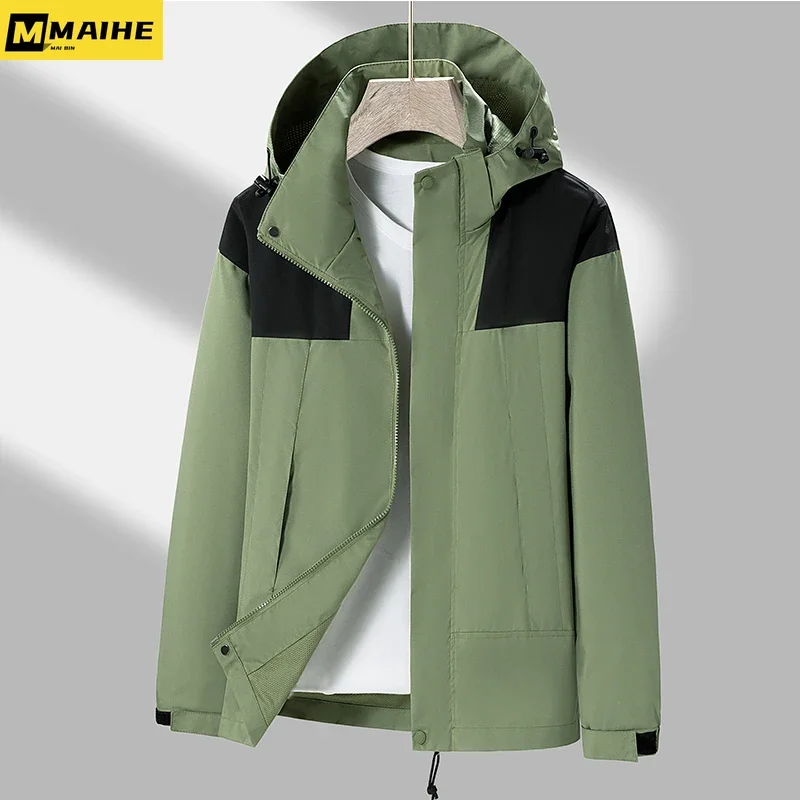 Autumn Men's Splicing Windbreaker Fashion Outdoor Hoodie Single Layer Thin Camping Mountaineering Jacket Men's Solid Color Coat