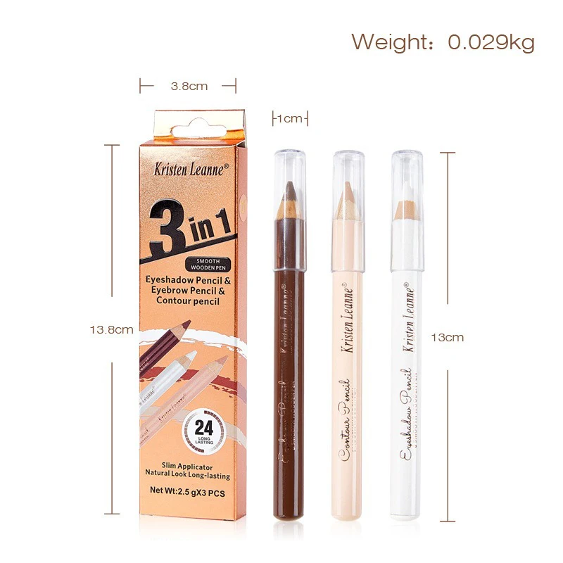 Eye Makeup Set 3pcs Eyeshadow Eyebrow Contour Concealer Wooden Pencil Waterproof Matte Nude Brown Eyeliner