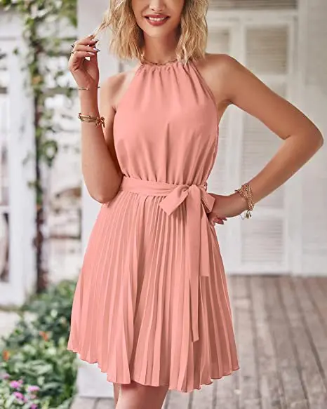 

2023 Summer Short Pleated Dress Women Halter Dress Ladies Sleeveless A Line Party Dress For Women