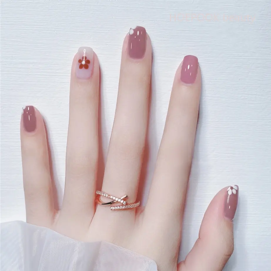 24pcs Pink Flower Finished Fake Nails Art Seamless Removable Full Cover