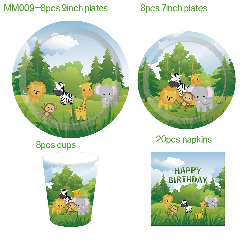 

Boys Jungle Animals Party Paper Disposable Tableware Sets Plates Cups Napkins DIY Lion Tiger Wild One Party Dinner Set Decors