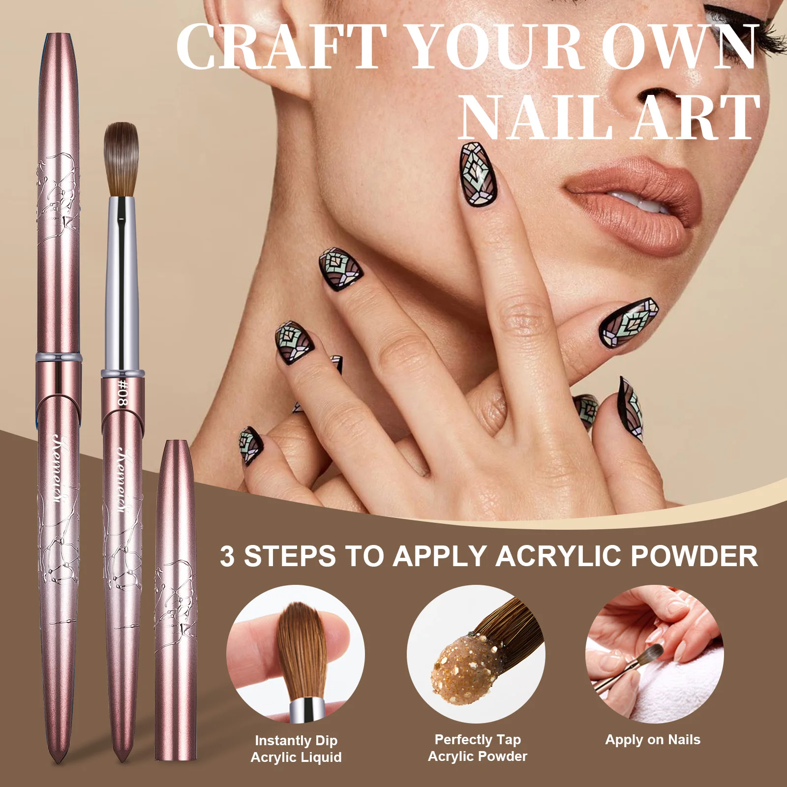 Acrylic Nail Brush Kolinsky Hair Bristles Round Shaped Handle for Application Nailar