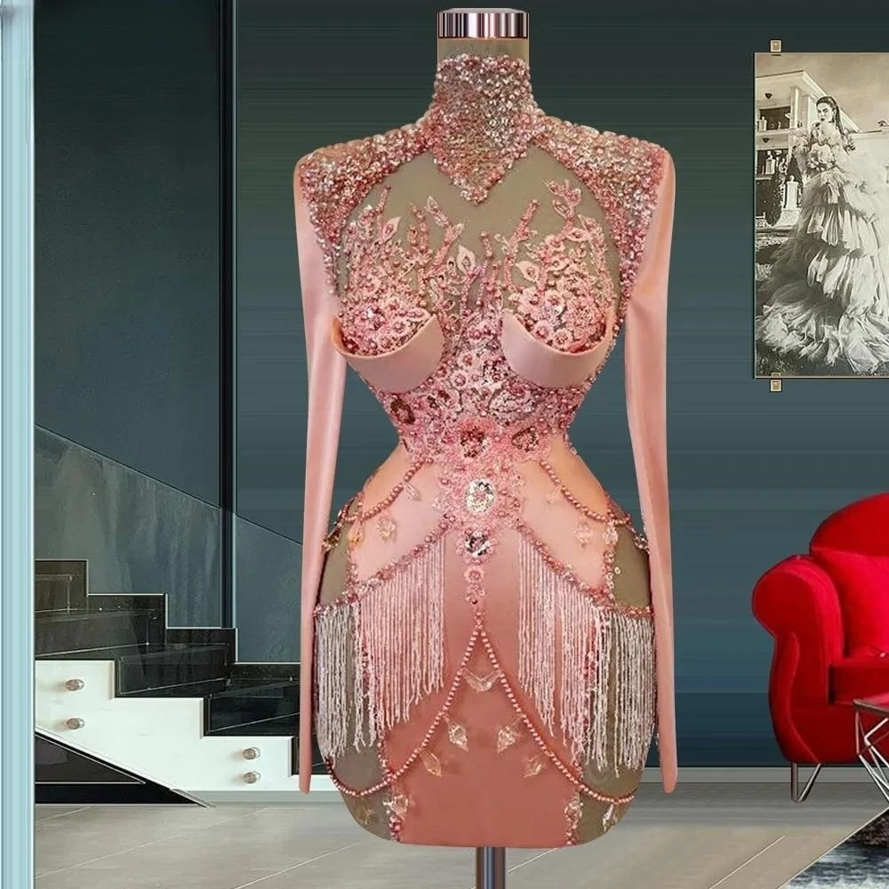Coral Cocktail Dresses Sheath Long Sleeves Short Mini Appliques Pearls Homecoming Dresses Haute Couture Customized