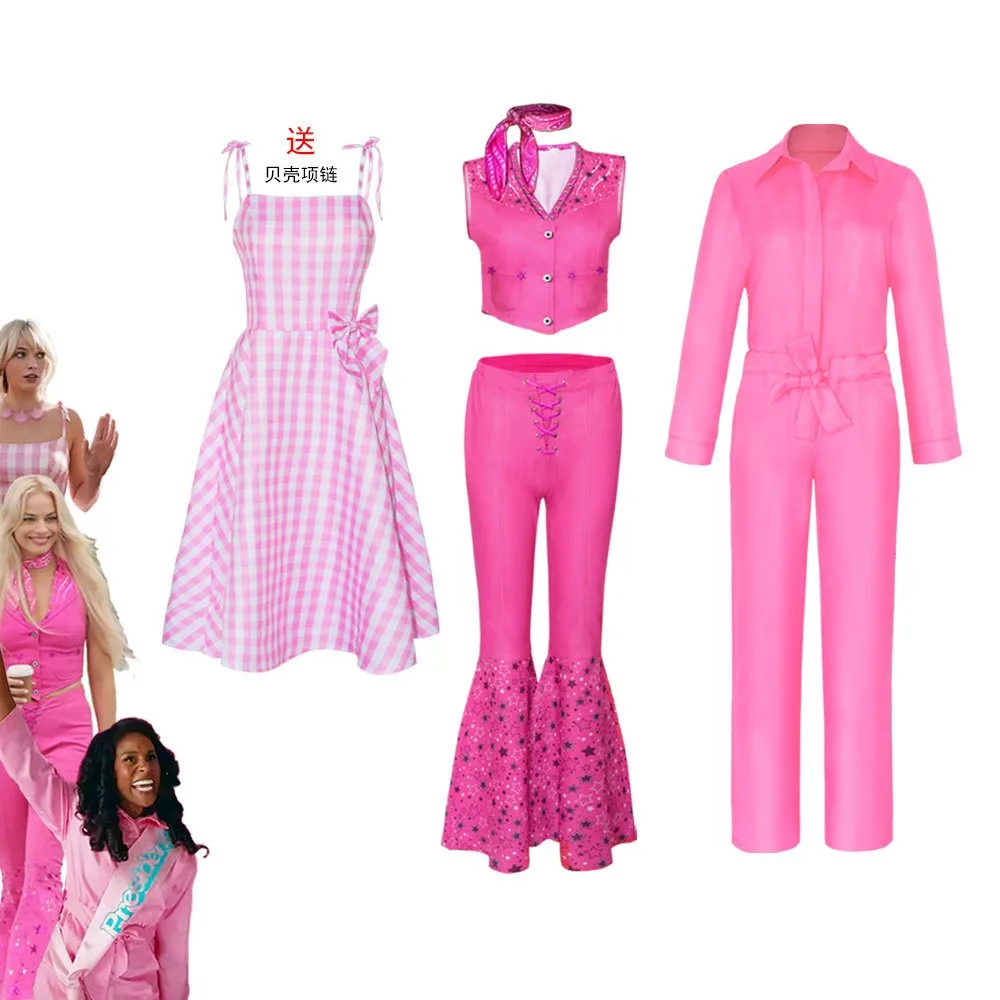 

Margot Robbies Barbie Cosplay Costume Hot Starry Pink Clothes Barbie Dress Cheerleader Uniform Jumpsuit Set For Women Halloween