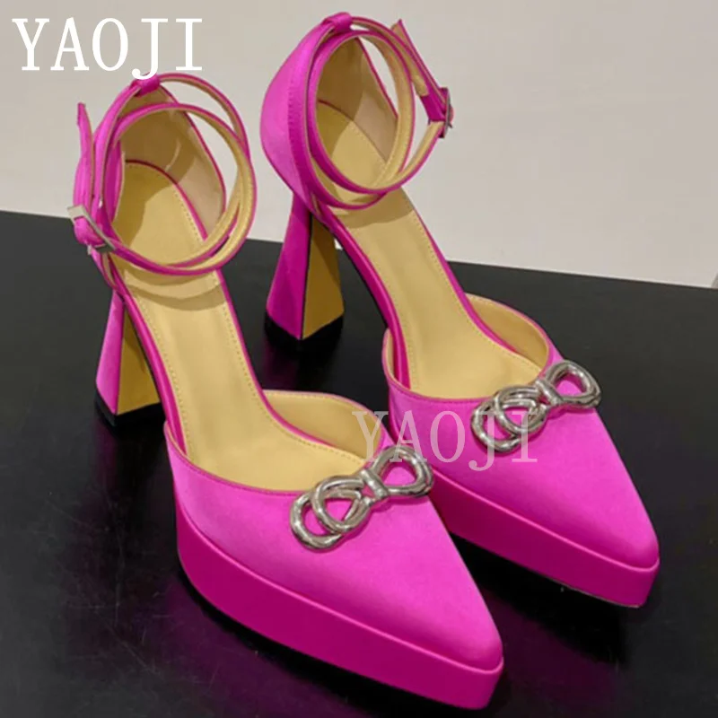 

Metal Bow Satin High Heels Sandals Women Branded Wedding Party Shoes Pointy Toe Pumps Summer Luxury Formal Dress Shoes Mujer