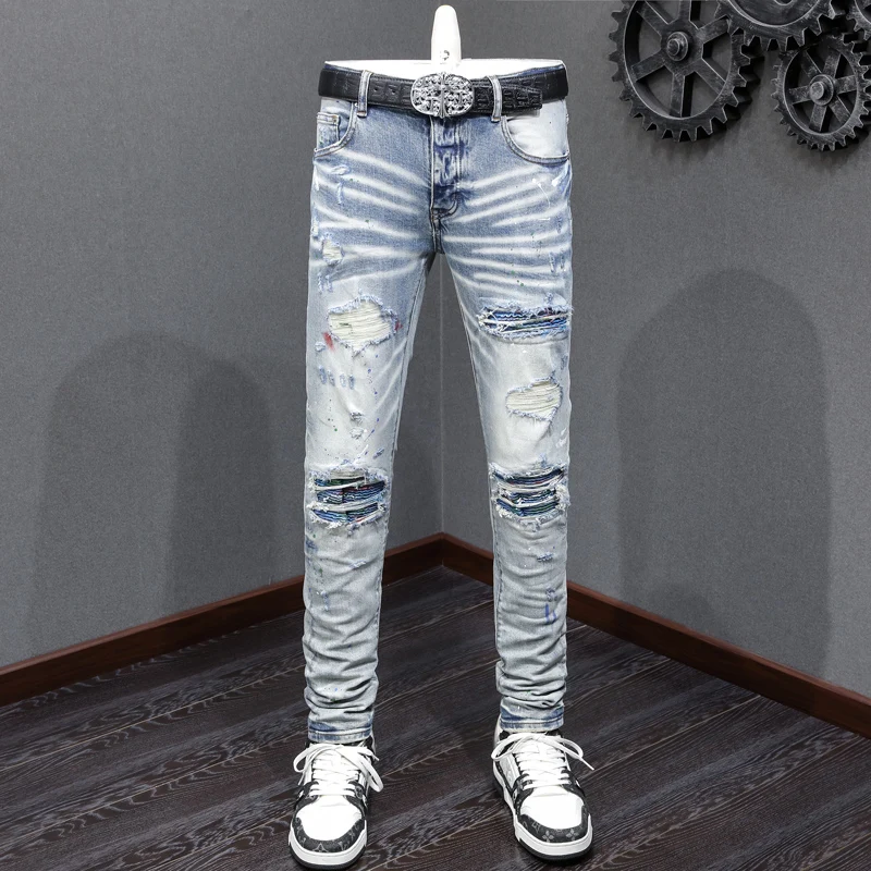 Pantalones vaqueros de moda urbana para hombre, Jeans Vintage lavados, elásticos, ajustados, divididos, con parche azul, diseñador de marca Hip Hop, de colores