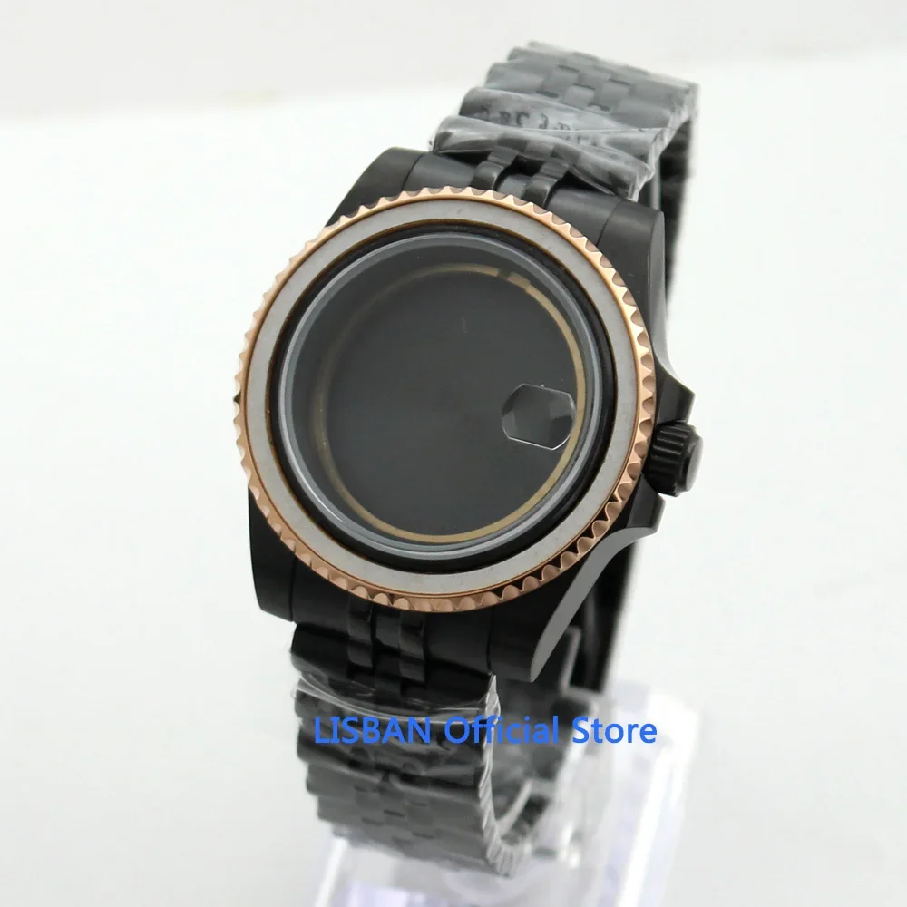 

40mm Black Watch Case Rose Gold Coated Bezel Jubilee Bracelet Fit ETA 2836 DG MINGZHU 2813 MIYOTA 82 Movement