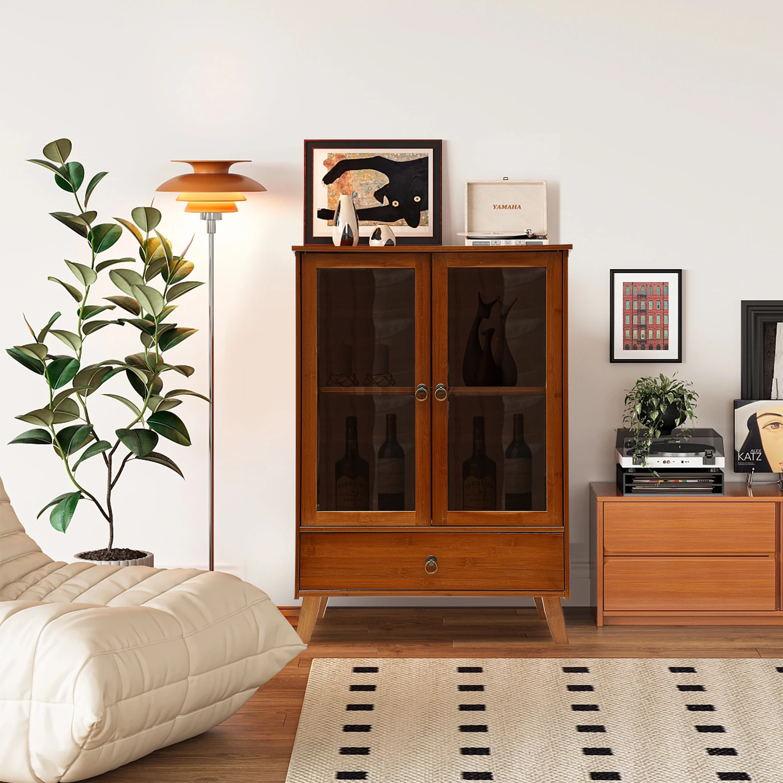 CNCEST Bamboo Kitchen Sideboard Brown Freestanding Storage Organizer Bamboo Cupboard Can be Placed in The Living Room Bedroom