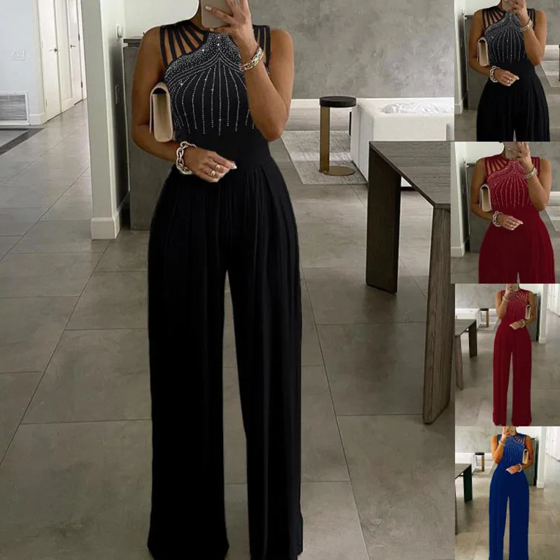 

Sexy Set with diamonds Pleated Wide Leg Jumpsuit 2023 Fashion Off Shoulder High Waist Party Romper Casual Office Sleeveless Pl
