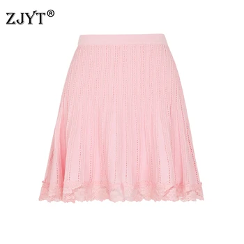 ZJYT Summer Knitted Mini Skirts for Women 2026 Fashion Elastic Waist Pink Blue Short Skirt Party Female Faldas Woman Clothes