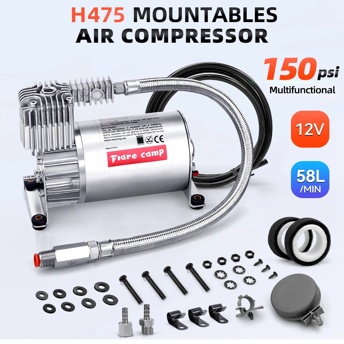 Air Compressor Pump Air Pump 12V 150PSI/2.03CFM Large flow Thermal protection Vehicle Pump for Air Tanks Bags&Air Horns H475