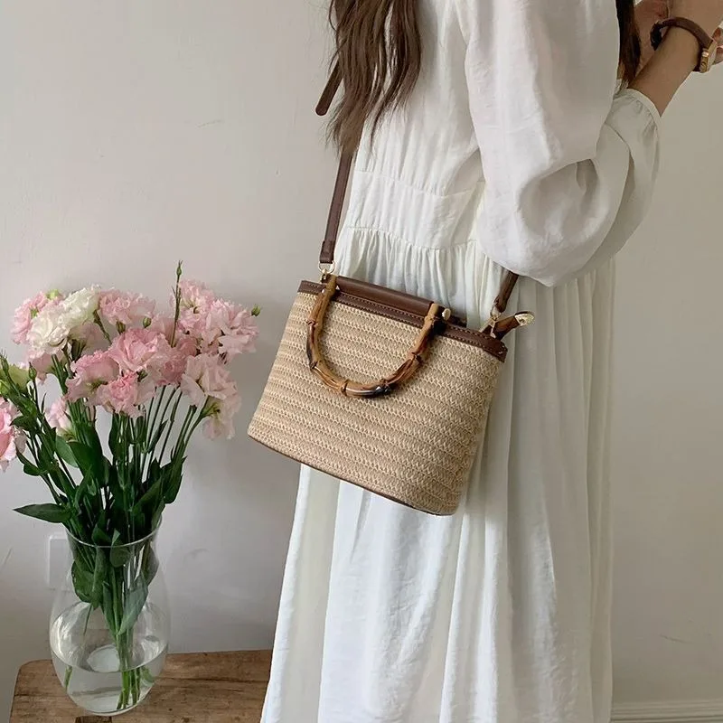 Summer Beach Underarm Bags Niche Designe Handbag Straw Fabric Shoulder Bag Woven Bucket Crossbody Purse  сумка женская bolsos