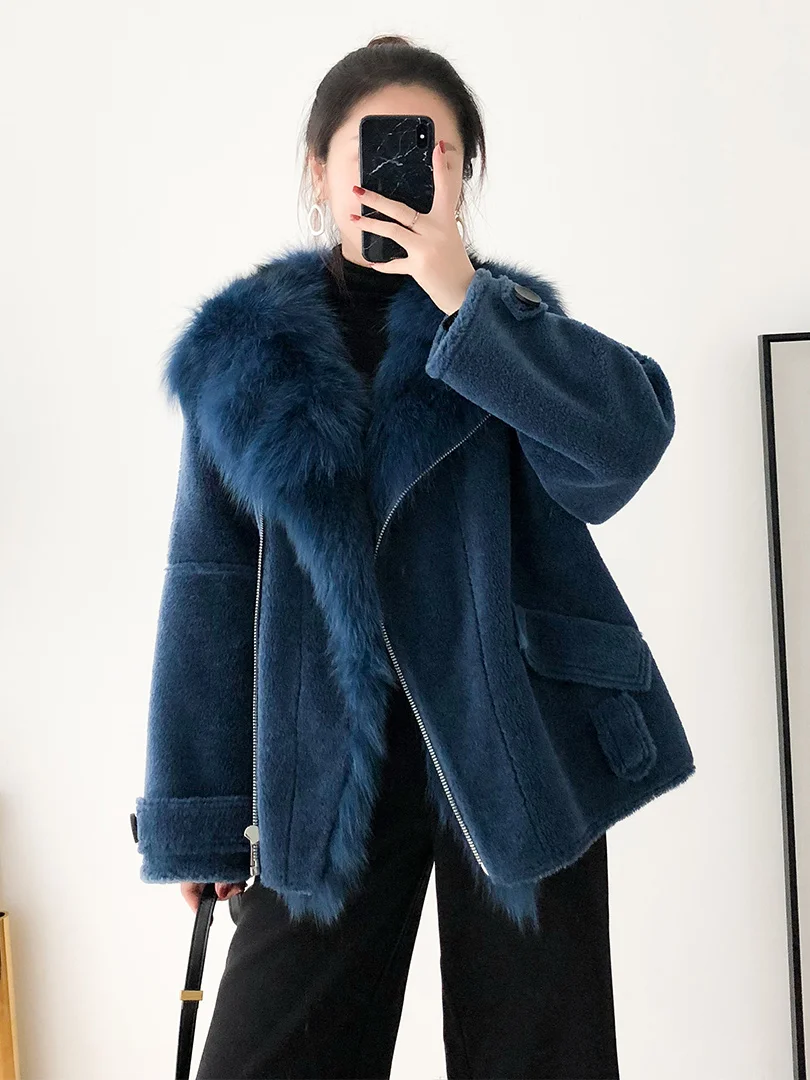 

2024Hot Sale Real Fur Coat Female Winter Clothes Women Coat 100% Wool Jacket Fox Fur Collar Korean Fashion Abrigo Mujer BGS8096