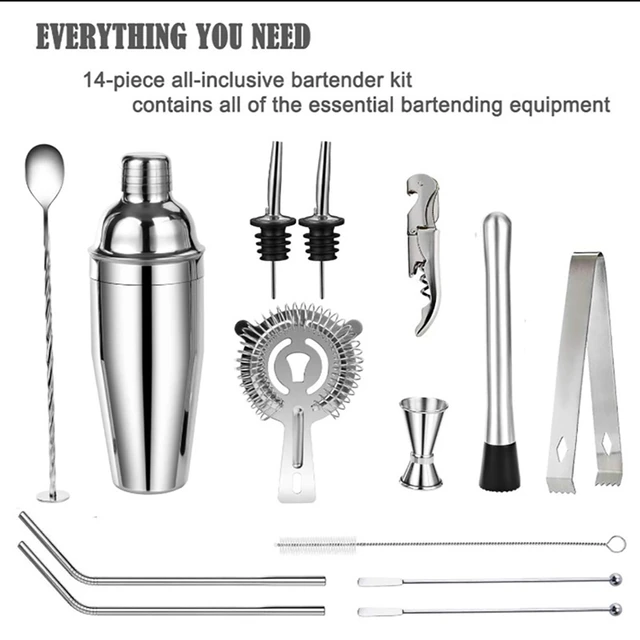 Touch of Mixology 14-Piece Stainless Steel Bartender Kit - Bar Set Cocktail Shaker Set - Cocktail Kit Set - Bartending Kit