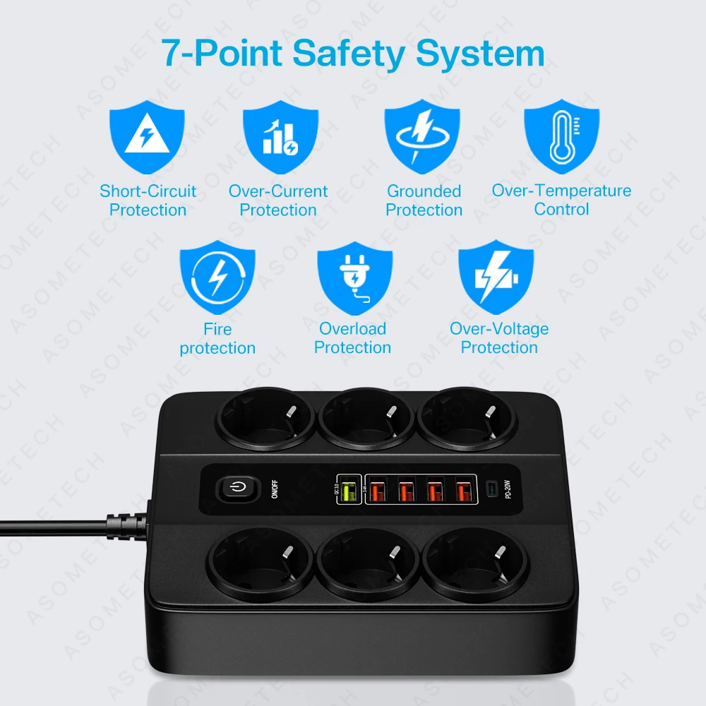 Power Strip com Vários Usb c Carregador Rápido Soquete Doméstico Inteligente Proteção contra Sobrecarga Extensão Múltipla tipo c 3000w pd Qc3.0 eu - Image 4