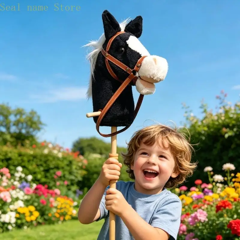 Hobby Horse Toy with and Wooden Handle, 100cm Plush Horse Head Pretend Play Prop for Kids Role Play, Home Play