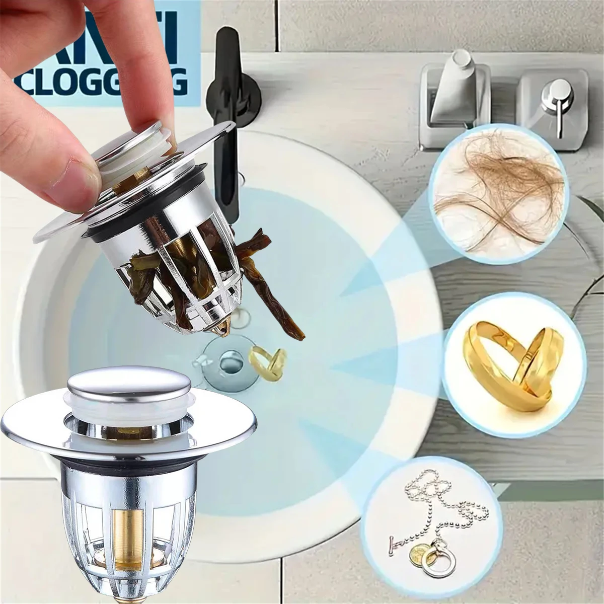 Description Picture 4 of itemUniversal Rebound Drain Plug Filter Basin Pop-up Chrome Sink Filter with Hair Catcher Bathroom Sink Drain Stopper Easy Push Type