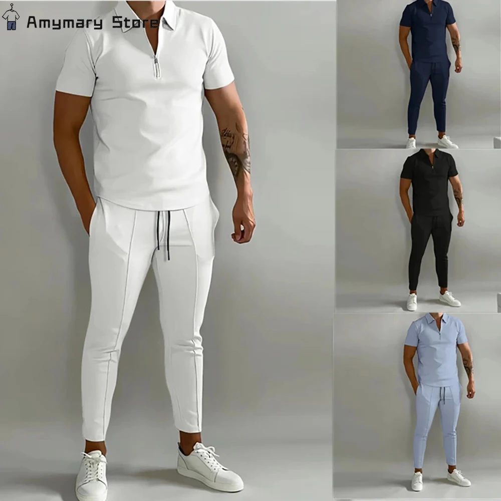New Summer New Men's Suit Solid Color Short-sleeved Lapel POLO Shirt+sweatpants 2-piece Outdoor Sports and Leisure Suit S-3XL