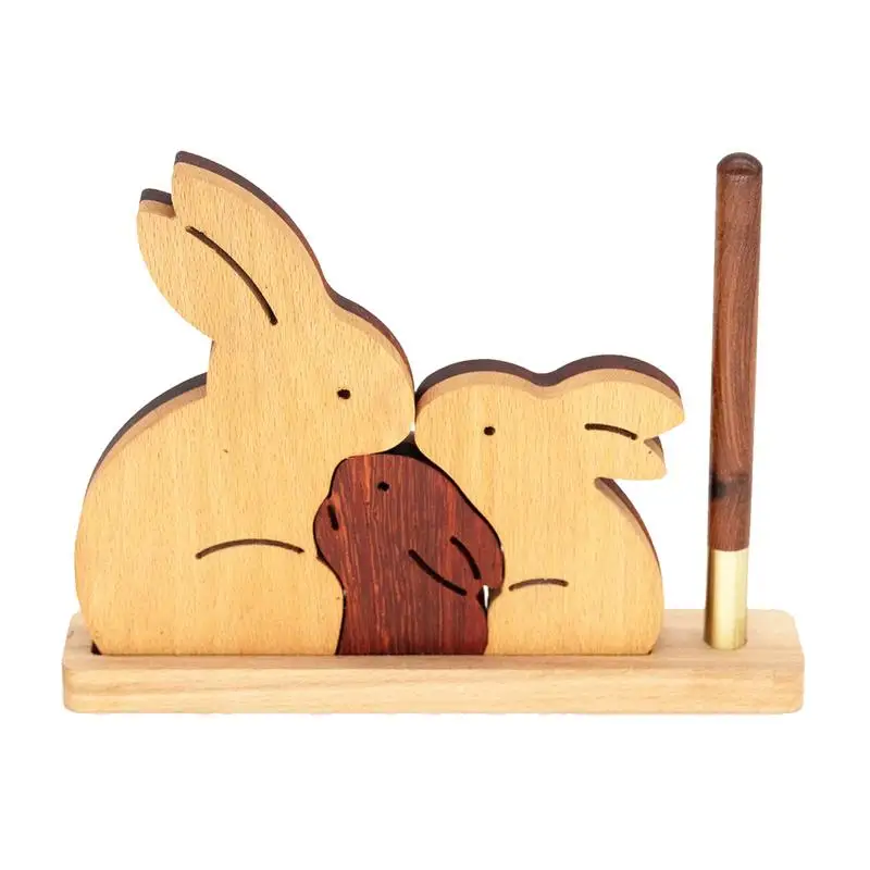 

Wooden Rabbit Puzzle 3pcs Rabbits Animal Puzzles For Kids Rabbit Pen Holder Decoration Rabbit Desk Decor With Pen And Base