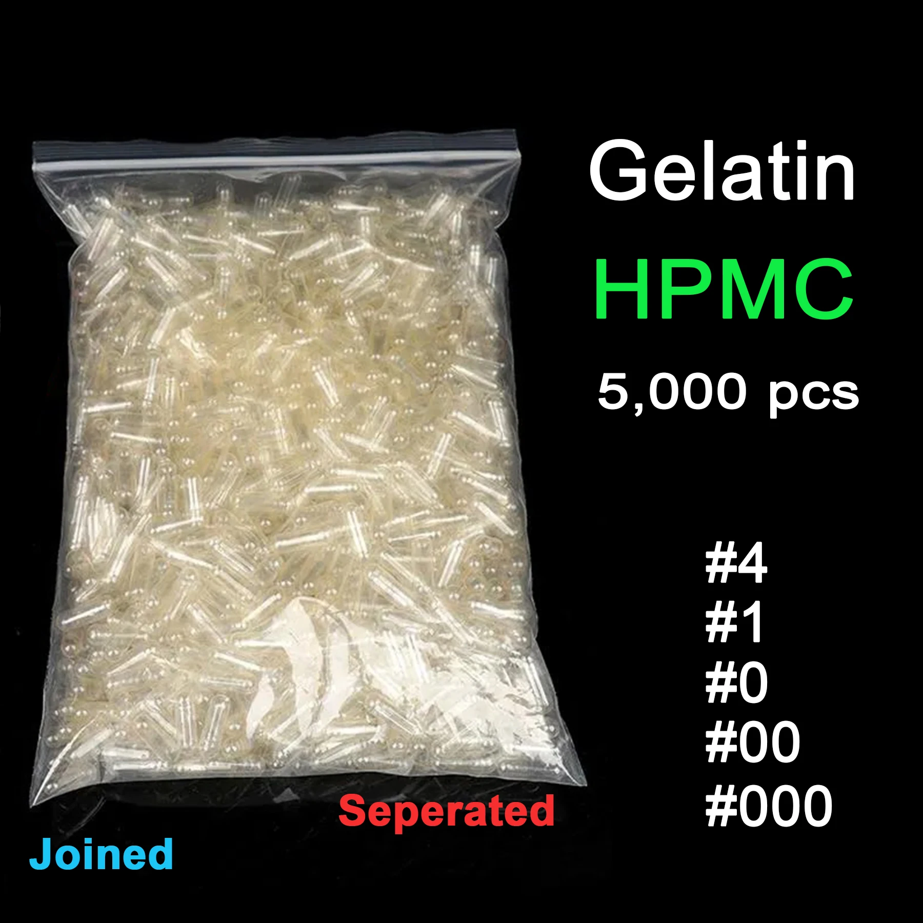 5000PCS Standard Size 000#00#0# Empty Capsules HPMC Clear Hollow Hard Gelatin Transparent Seperated Joined empty pill capsule