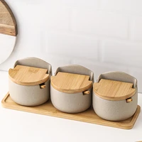 Beige Ceramic Seasoning Jar with Bamboo Lid Kitchen Spice Container Household Salt and Sugar Bowl Set Seasoning Storage Box 2