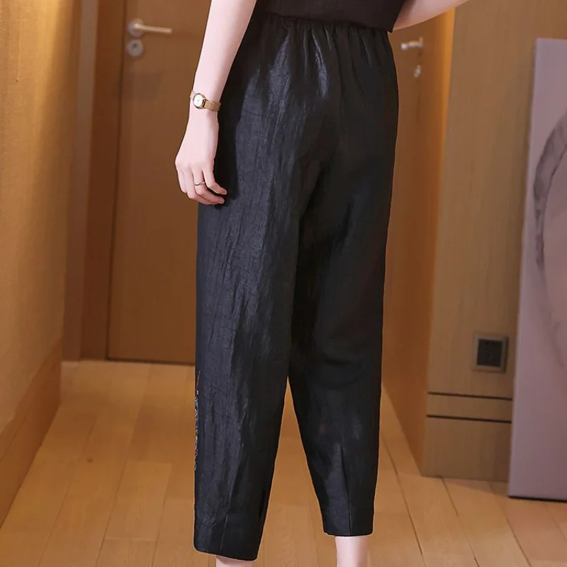 Summer Thin Women Black Harun Pants New Fashion Big Size Vintage Embroidery Elastic High Waist Loose Casual Straight Trousers