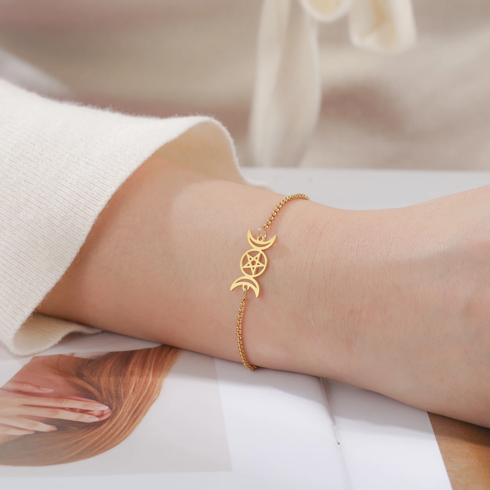 COOLTIME Dreifachmondgöttin-Armband für Damen und Herren, Edelstahl, Pentagramm, magisches Wicca-Amulett, Armband, Schmuck, Geburtstagsgeschenk – Detail 20