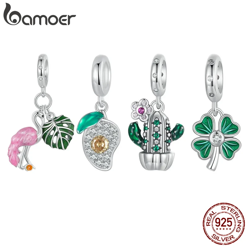 BAMOER 925 스털링 실버 네잎 클로버 참 비즈, 녹색 에나멜, 유럽 팔찌, DIY 망고, 선인장, 플라밍고 
