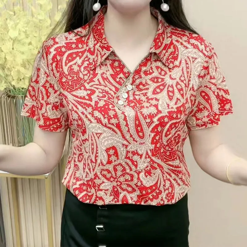 Vintage Fashion Printed Polo-Neck T-shirt Women\'s Clothing Summer Casual Korean Button Spliced Short Sleeve Tops for Female
