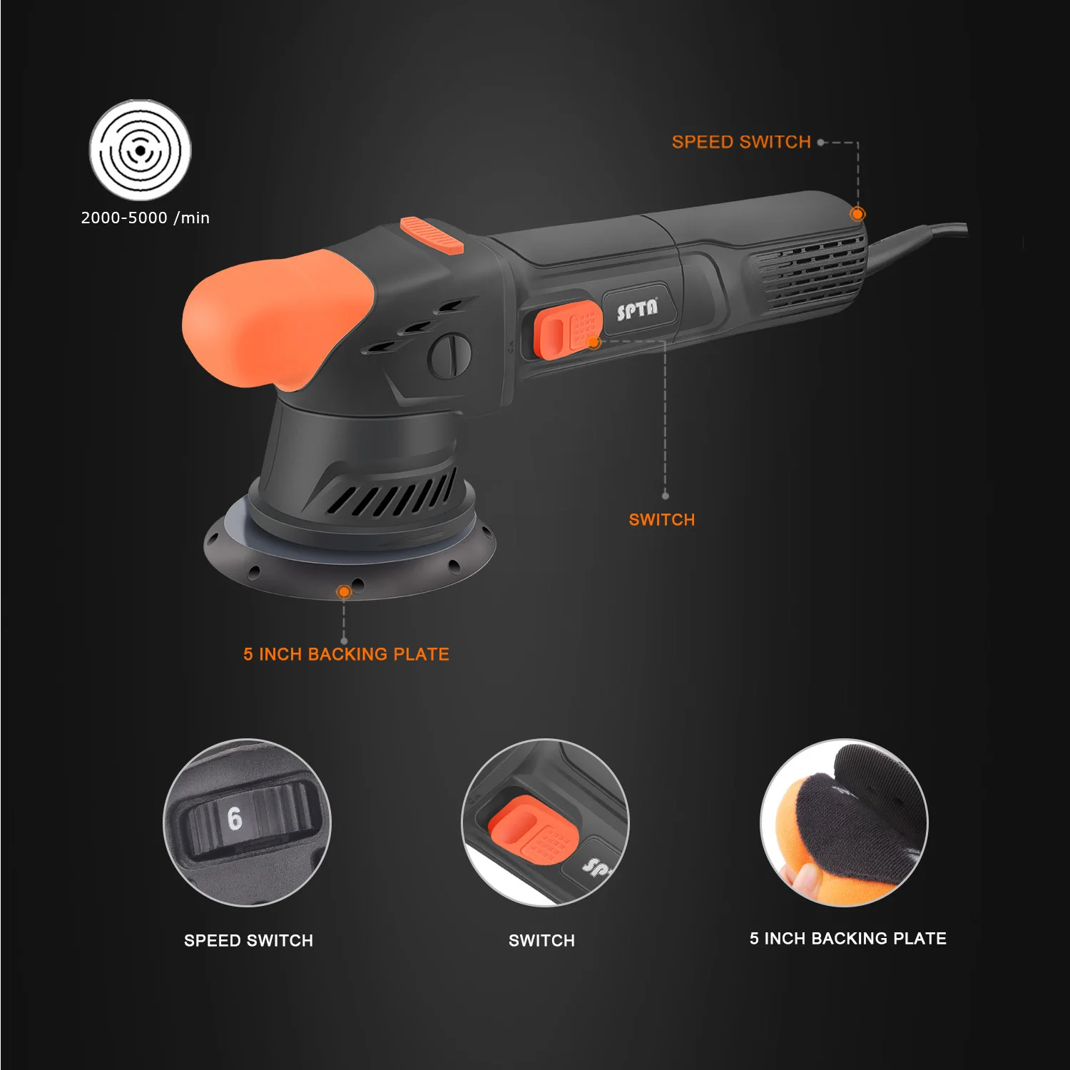 SPTA CP304 5" Car Dual Action Polisher,New Model 710W Orbit 9mm/12mm /15mm Electric Mini Car Polisher Polishing Waxing Machine