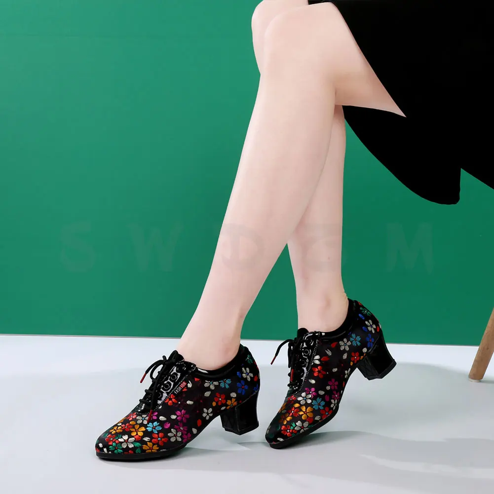 SWDZM Women Men Dance Shoes For Latin Modern Jazz Ballroom Dancing Shoes Salsa Practice Teacher Flower Rubber Shoe Cloth+PU 4