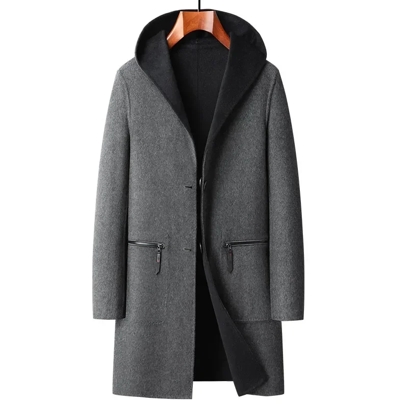 남성용 대형 포켓 미디엄 롱 후드 착용, 수제 양면 모직 코트, 사이즈 M, L, XL2XL, 3XL, 겨울 패션, 신상