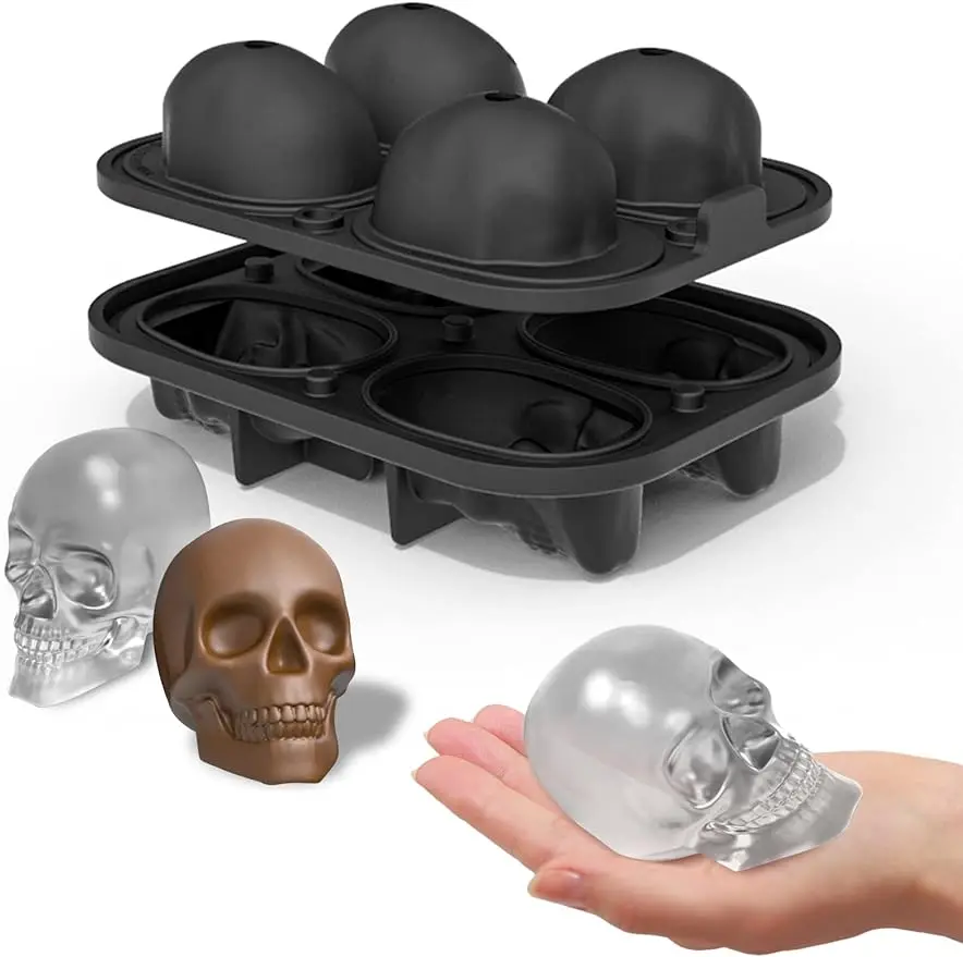 Molde De Silicona Para Cubitos De Hielo Con Forma De Calavera 3D - Grande, Con Embudo, Para Cócteles