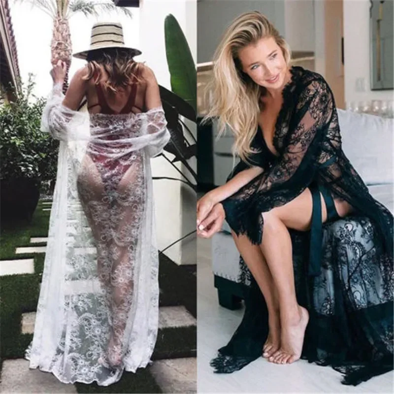 Sexy See-Through Night Dress for Women Hollow Lace Mesh Long Robes Summer Beach Cover-ups Cardigan Lingerie Sleepwear Nightwear women dress women sleepwear