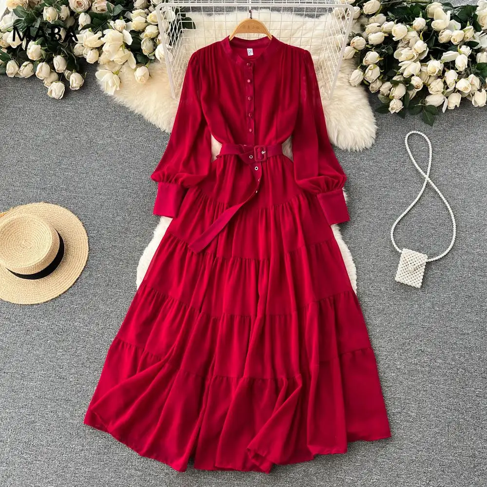 

Autumn Retro Beach Pleated Dress Women Lantern Sleeve French Single Breasted 2023 Fashion Chiffon A Line Long Dress Vestidos