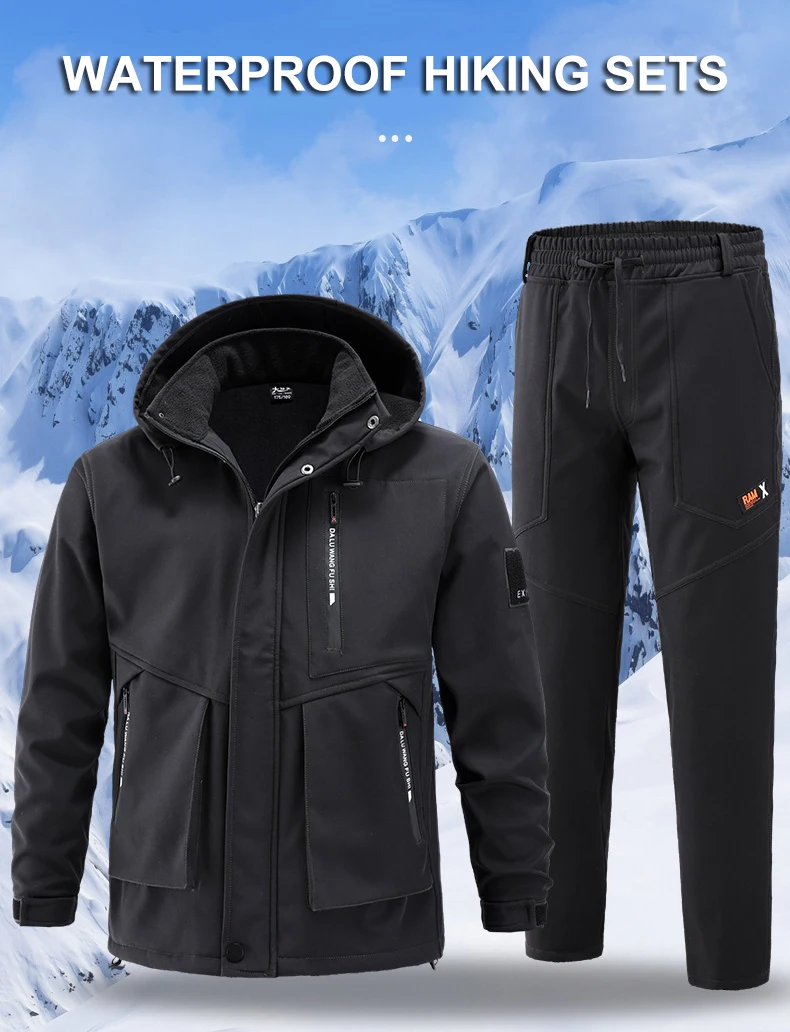 Description Picture 2 of itemCHRLCK Men's Winter Waterproof Hiking Jackets Pants Tactical Windproof SoftShell 2 Sets Fishing Camping Climbing Coats Fleece