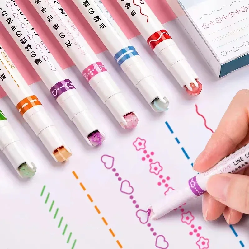 

3/6pcs Cute Line Shaped Highlighter Korean Stationery Kawaii Roller Tip Curve Liner Marker Pen DIY Decoration School Office Gift