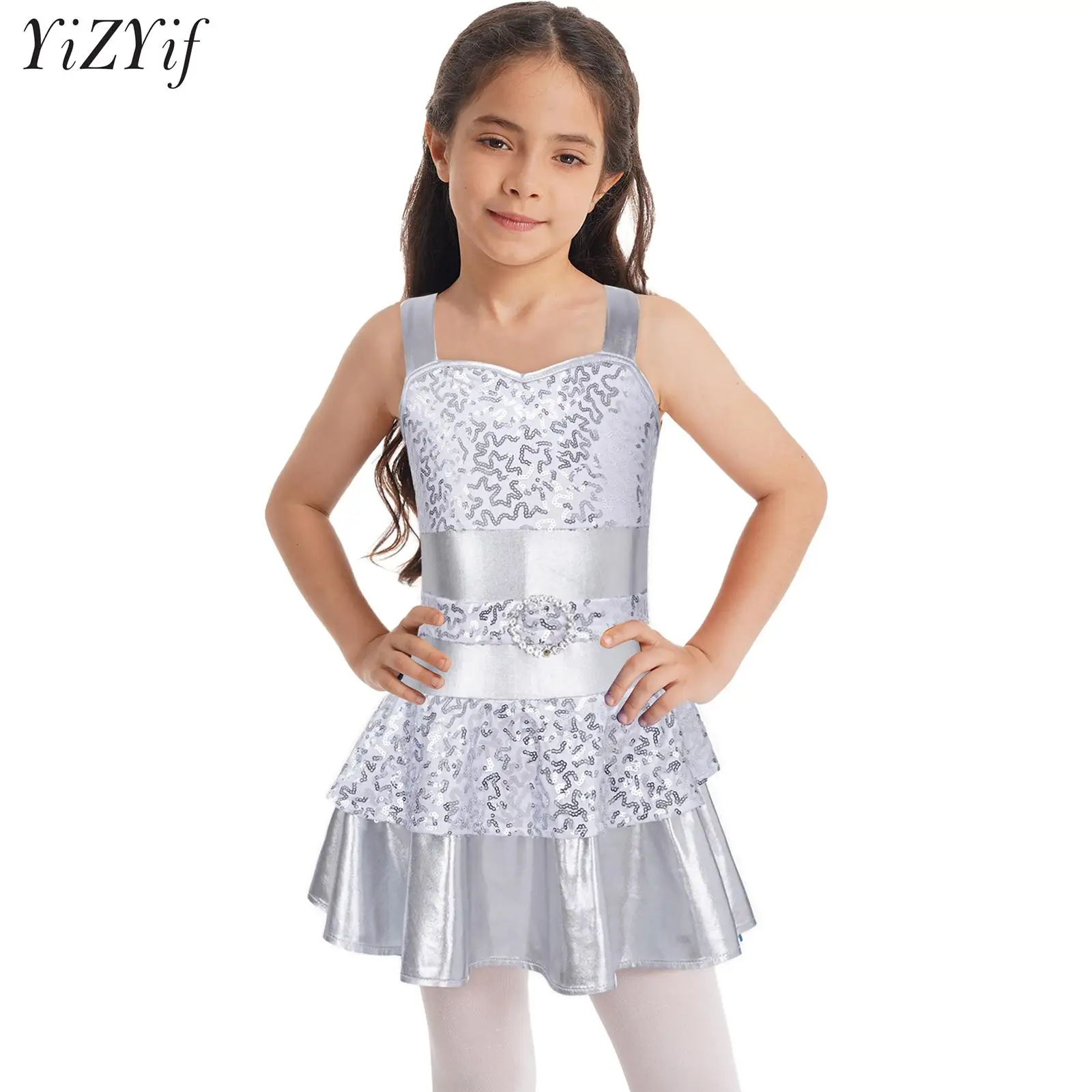 

Kids Girls Bling Sequins Diamond Camisole Tutu Dress Modern Dance Skirted Leotard Latin Jazz Ballet Tango Dancewear Costume