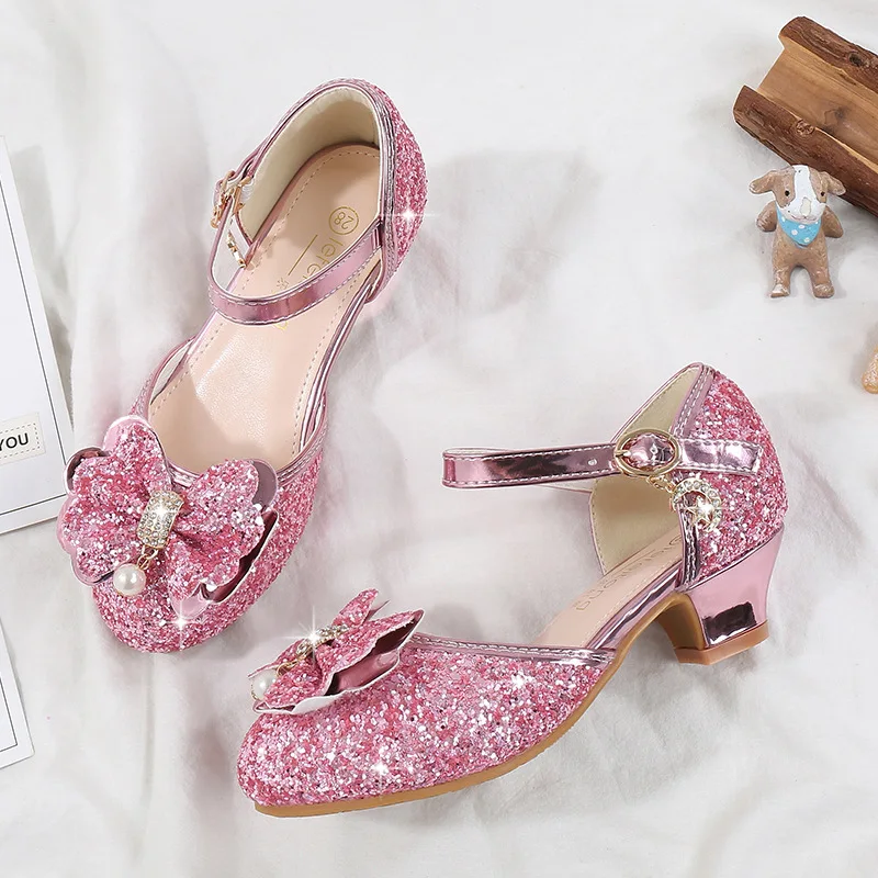 

Princess Wedding Leather Shoes Kids Diamond Bowknot High Heel Children Sandals Fashion Glitter Girls Party Dance Shoe mary janes