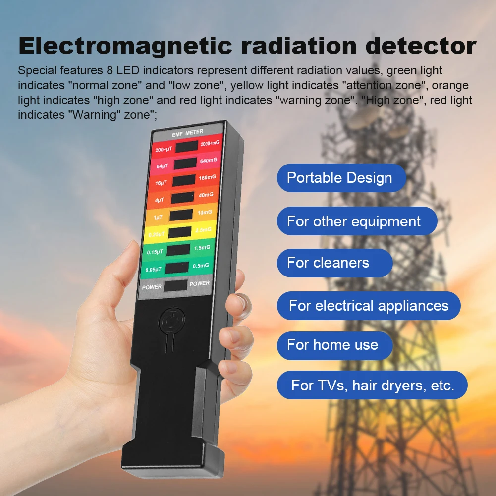 Electromagnetic Field Detector 8 LED EMF Gauss Meter High Precision Radiation Detector Portable EMF Magnetic Field Monitor