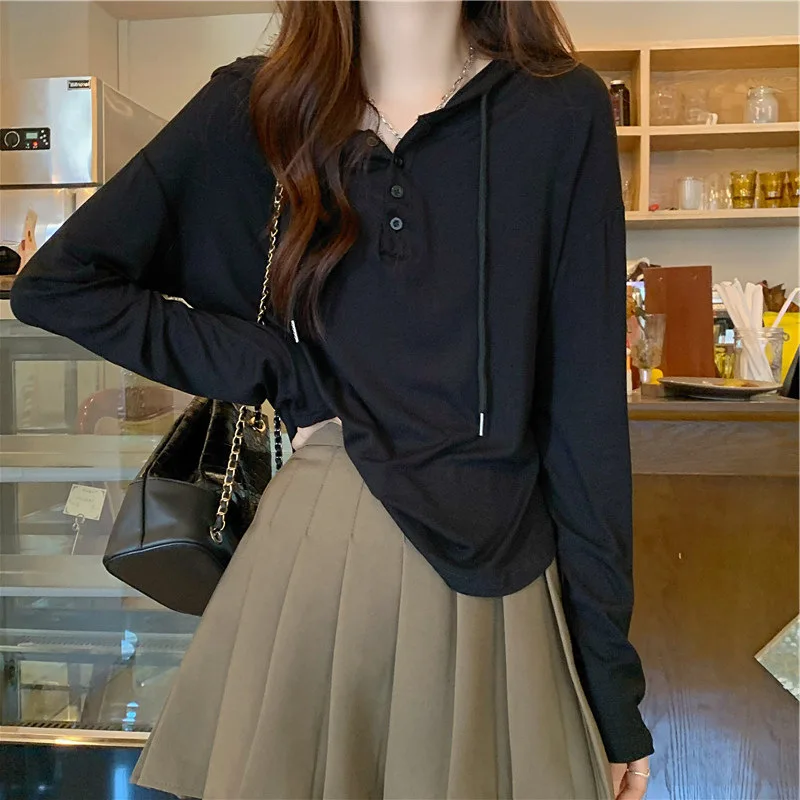 Loose Fit Long Sve Hoodie Women's Spring Autumn Thin Sle Korean Faion Student Versatile Clothes Outerwear T-irt