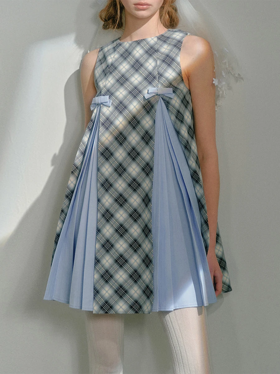 Sleeveless Plaid Mini Dress with Round Neckline and Pleated Skirt Women s Summer Fashion Casual Patchwork Dress