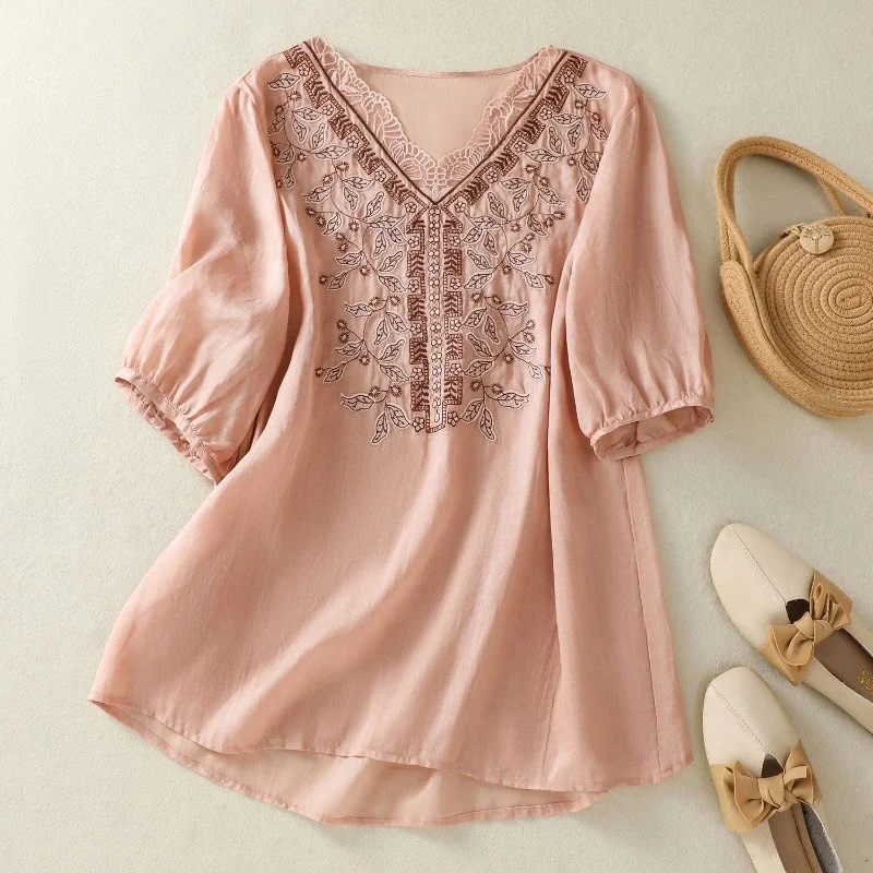 Embroidery Chinese Style Blouses Summer Vintage Women's Shirts Short Sleeve Cotton Linen Clothing Loose Women Top 2024 Korean